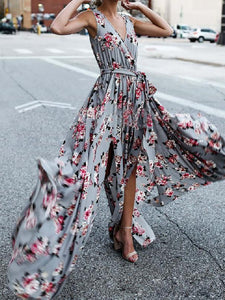 Flower V Neck Sleeveless Belted Bohemia Maxi Long Dress