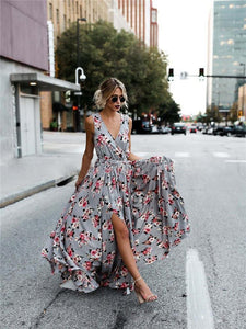 Flower V Neck Sleeveless Belted Bohemia Maxi Long Dress