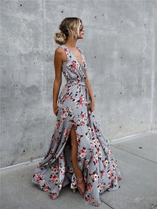 Flower V Neck Sleeveless Belted Bohemia Maxi Long Dress