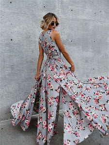 Flower V Neck Sleeveless Belted Bohemia Maxi Long Dress