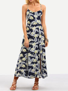 Popular Floral-Print Stripes Sleeveless Off-Back Side Split Beach Long Dress