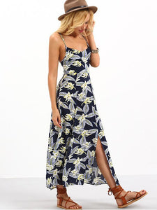 Popular Floral-Print Stripes Sleeveless Off-Back Side Split Beach Long Dress