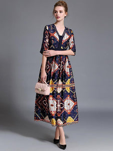 Pretty Bohemia Printed Half Sleeve V Neck Maxi Dress
