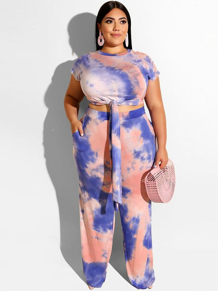 Summer Women Short Sleeve Wide Leg Pant 2 Piece Set Tie Dye Tracksuit Casual Loose Outfits