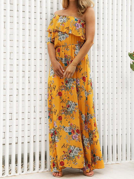 Summer Floral Print Off Shoulder High Waist Beach Maxi Dress