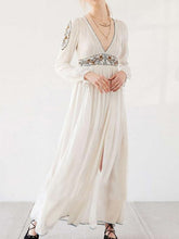 Load image into Gallery viewer, Bohemia Inwrought Long Sleeve V Neck Side Split Beach Long Dress