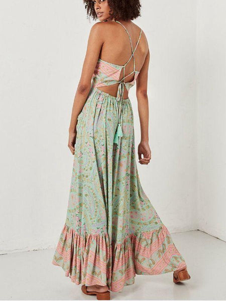 Summer Holiday Floral Print Ruffled Pocket Backless Dress