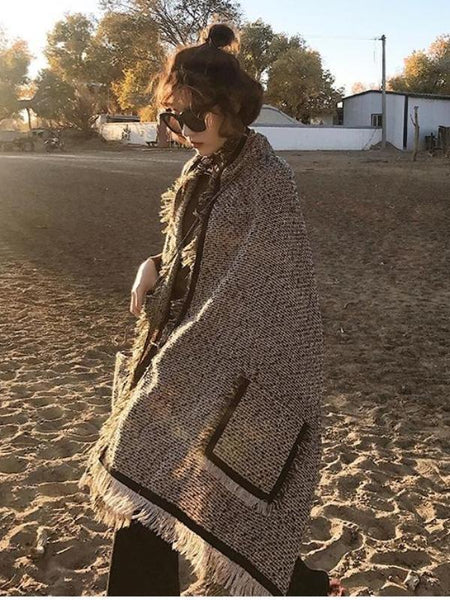 Pocket Tassel Women Autumn Plaid Scarf Shawl