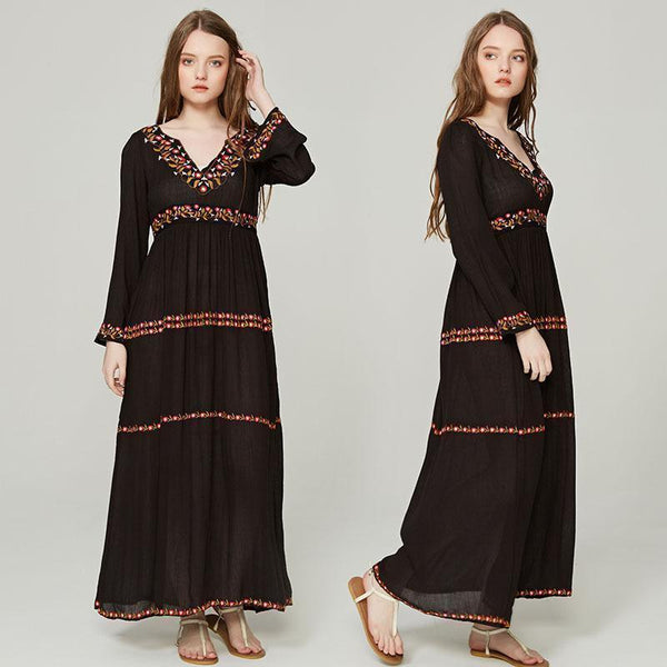 Elegant V Neck Long Sleeve Embroidered Bohemia Maxi Long Dress