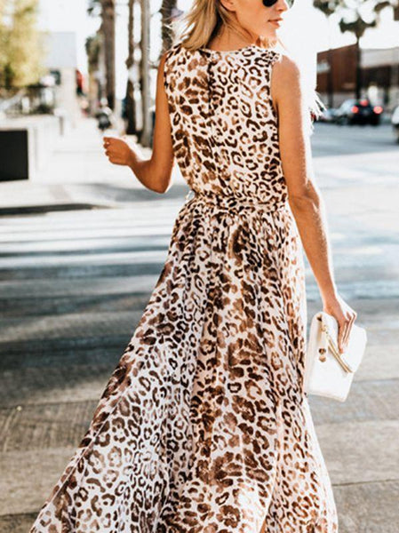 Bohemian Leopard Print Sleeveless High Slit Large Swing Dress