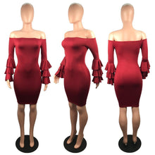 Load image into Gallery viewer, Sexy Off Shoulder Trumpet Sleeve Solid Color Bodycon Mini Dress