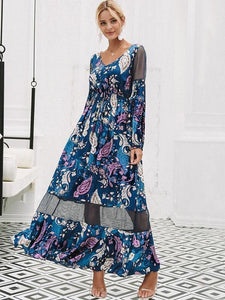 Floral Print V Neck Long Sleeve Beach Maxi Dress