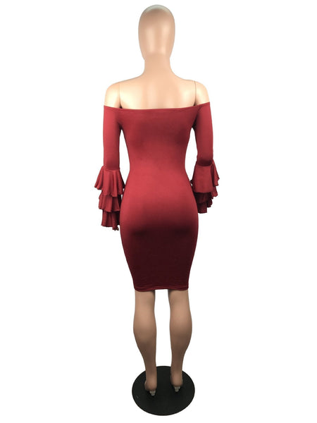Sexy Off Shoulder Trumpet Sleeve Solid Color Bodycon Mini Dress
