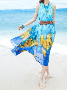 Chiffon Printed Sleeveless Plus Size Bohemia Beach Maxi Dress