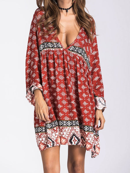 Stylish Bohemian printed long-sleeved dress - 1