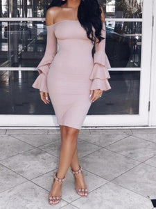 Sexy Off Shoulder Trumpet Sleeve Solid Color Bodycon Mini Dress