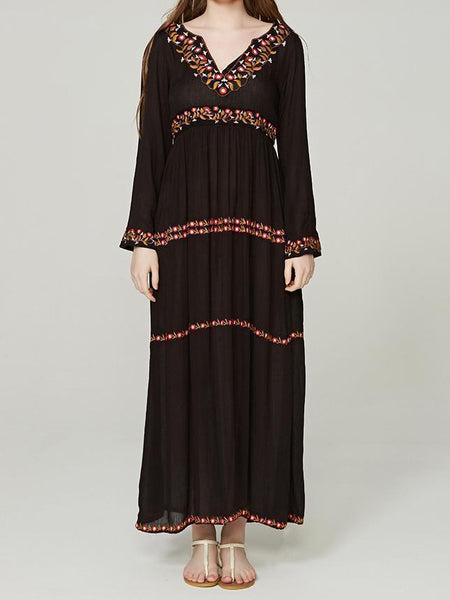 Elegant V Neck Long Sleeve Embroidered Bohemia Maxi Long Dress