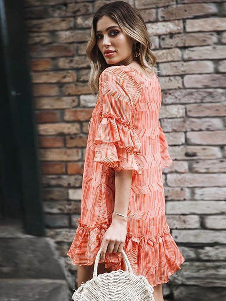 Spring Ruffled Stitching Print Chiffon Dress