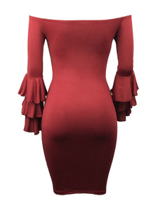 Sexy Off Shoulder Trumpet Sleeve Solid Color Bodycon Mini Dress