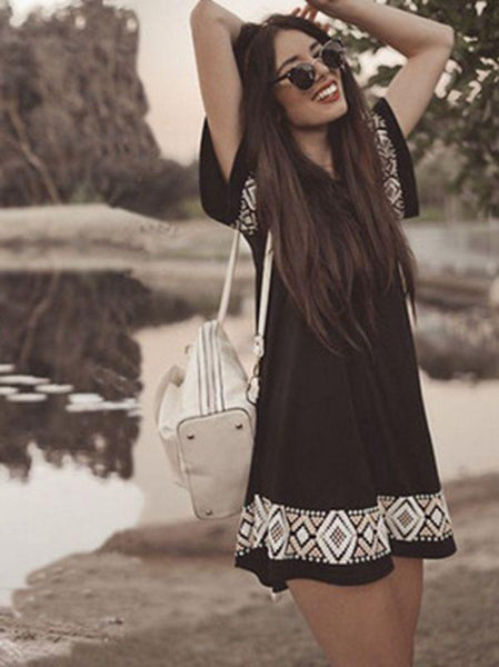 Sexy Black Print Pullover Round Neck Mini Dress