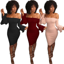 Load image into Gallery viewer, Sexy Off Shoulder Trumpet Sleeve Solid Color Bodycon Mini Dress
