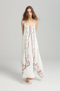 Spaghetti Strap Print Embroidered Bohemia Beach Maxi Dress