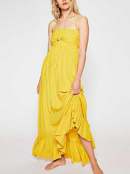 Long Bohemian Solid Color Sling Ruffled Tube Top Fishtail Dress