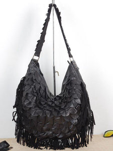Pure Sheepskin Bohemian Soft Color and Black Tassel One Shoulder Crossbody Bag