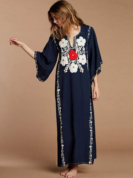 Embroidered Loose Flared Sleeve Maxi Dress