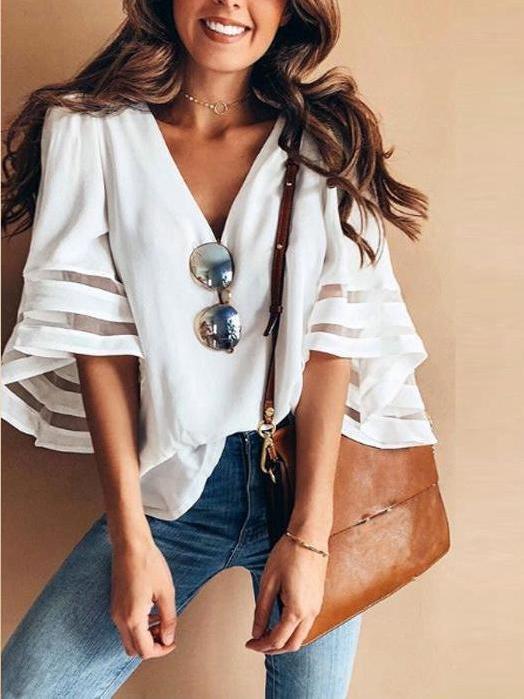 Solid Color V Neck Splice Loose T Shirt Tops