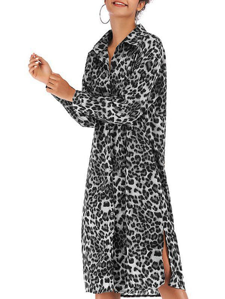 Lapel Buckle Sexy Leopard Mid-Length Slim Dress