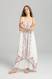 Spaghetti Strap Print Embroidered Bohemia Beach Maxi Dress