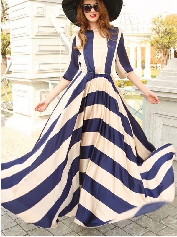 Elegant Stripe Print Retro Big Swing Long Chiffon Dress