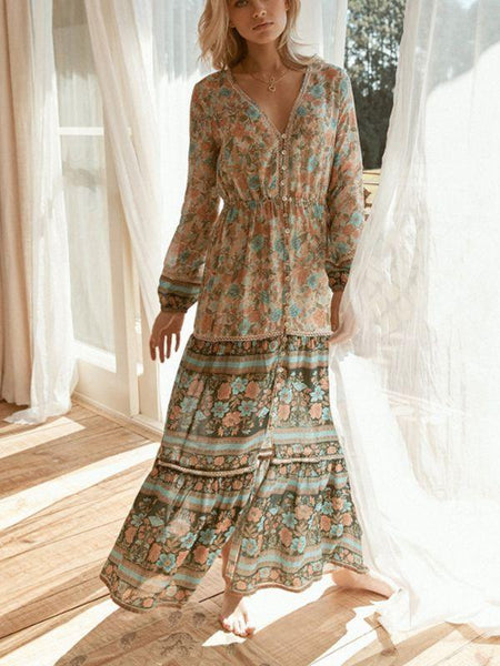 Summer Bohemian Holiday Print V-Neck Long Sleeve Long Dress