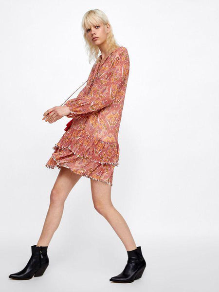 Summer Bohemian Fringed V-Neck Print Dress