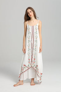 Spaghetti Strap Print Embroidered Bohemia Beach Maxi Dress