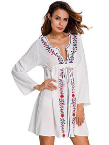 Embroidered V Neck Long Sleeve Beach Bikini Cover Up