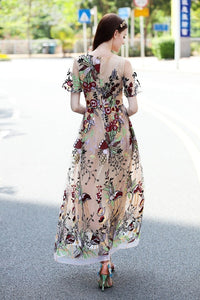 Elegant Embroidered Round Neck Short Sleeve Maxi Dress