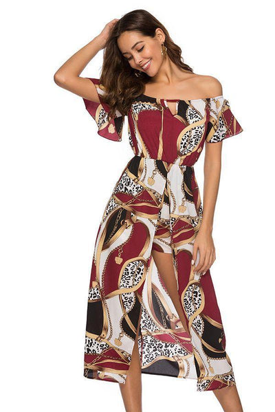 Bohemia Wrapped Trumpet Sleeves Printed Geometric Beach Dress