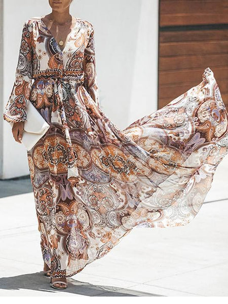 Print V Neck Long Sleeve Bohemia Maxi Dress