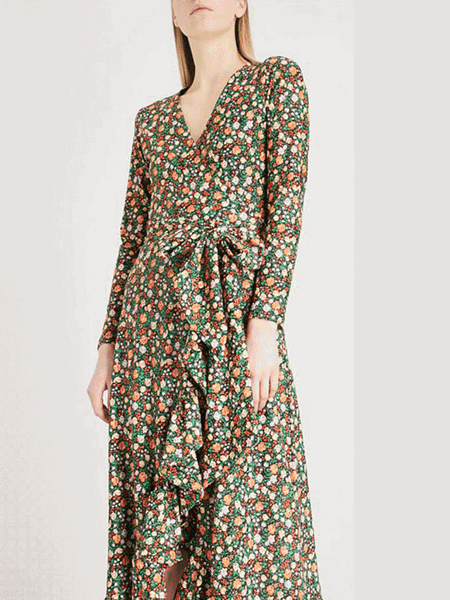 Spring And Summer V-Neck Small Floral Print Wrap Long-Sleeved Dress