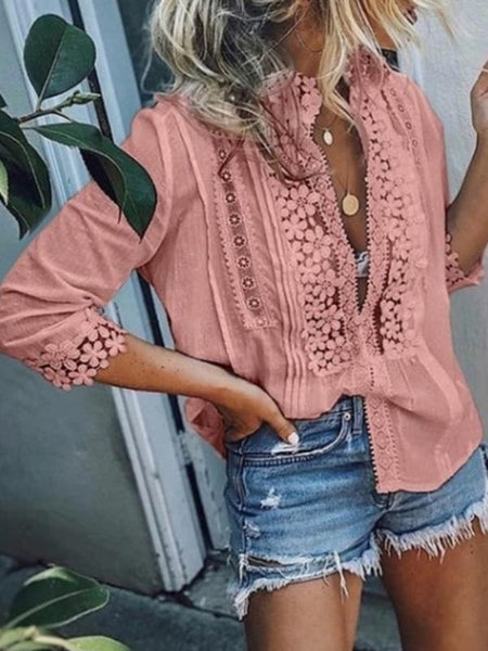 Casual Solid Color Cotton Lace Patchwork Blouses Tops