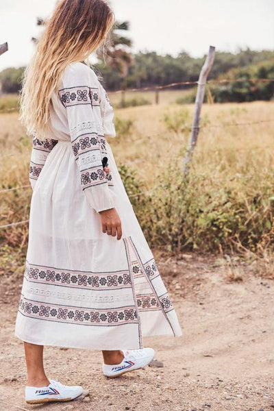 High quality hollow embroidery fringed waist ball strap full sleeve long Bohemia dress