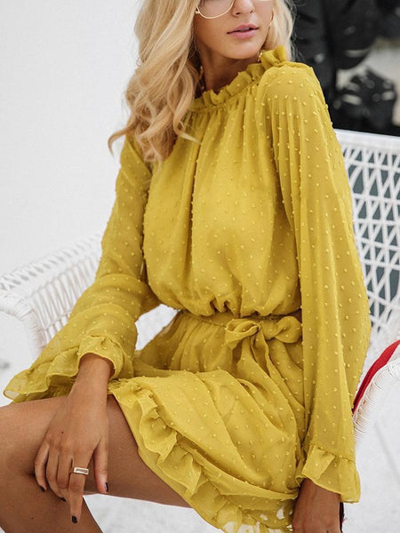 Spring And Summer New Sweet Sexy Long-Sleeved Lace Chiffon Dress Beach Mini Dress