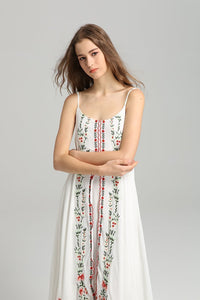 Spaghetti Strap Print Embroidered Bohemia Beach Maxi Dress