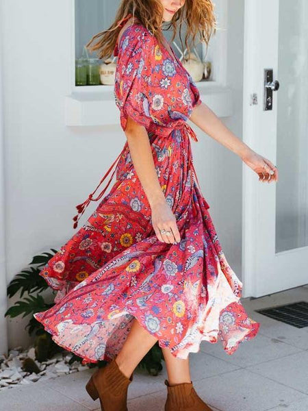 Print V Neck Short Sleeve Summer Boho Dress