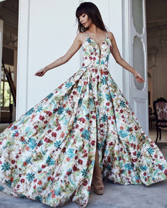 Sexy Deep Floral Printed Bohemian Maxi Evening Party Dresses