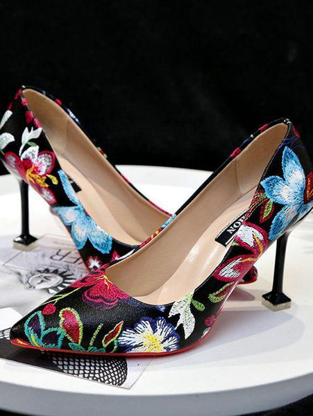 Pointed Heels High Heel Stiletto Flowers Retro Embroidery Shoes