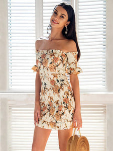Floral Print Off Shoulder Short Sleeve Backless Bodycon Mini Dress