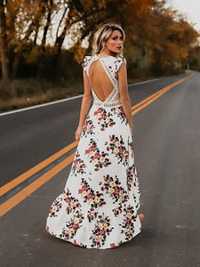 Floral Print V Neck Sleeveless High Waist Irregular Maxi Dress